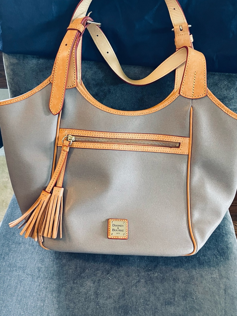 Dooney & Bourke Taupe Tote with Tan Leather Trim and Tassel